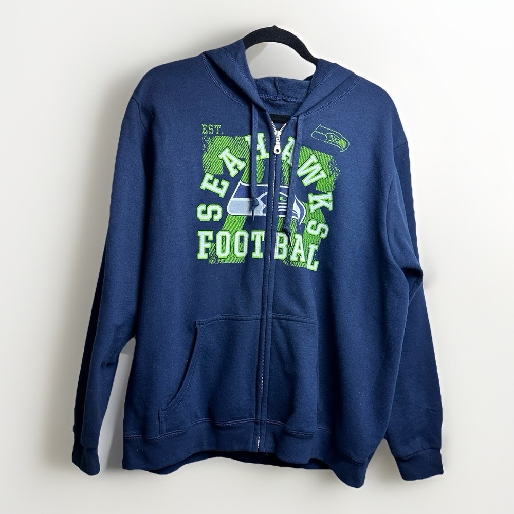 Majestic NFL Seattle Seahawks Football Zip Up Navy Hoodie Womens XL